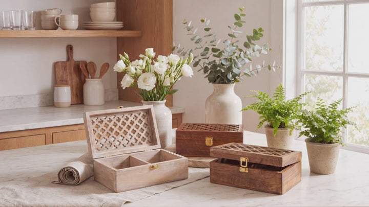 Mango Wood Trellis Keepsake Box with Compartments, Whitewash