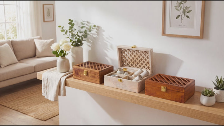 Mango Wood Trellis Keepsake Box with Compartments, Whitewash