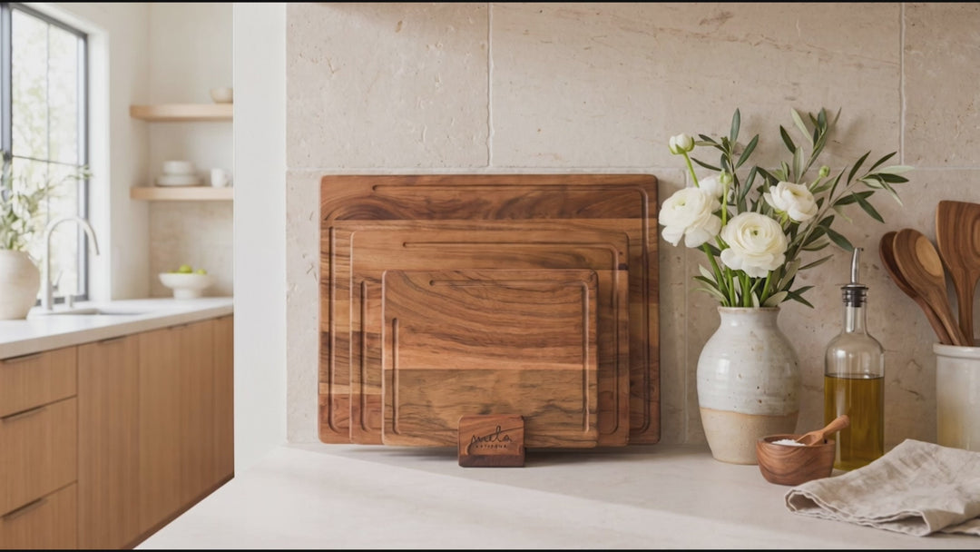 Acacia Wood Cutting Board Set with Stand – 3 Piece