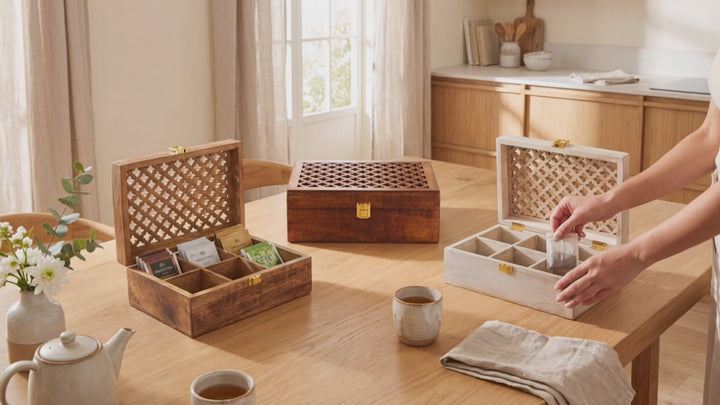 Mango Wood Trellis Keepsake Box with Compartments, Whitewash