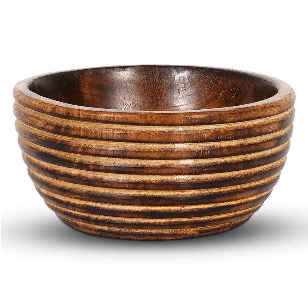 Darma Valley mango wood bowl with a medium burnt finish and ribbed texture design.