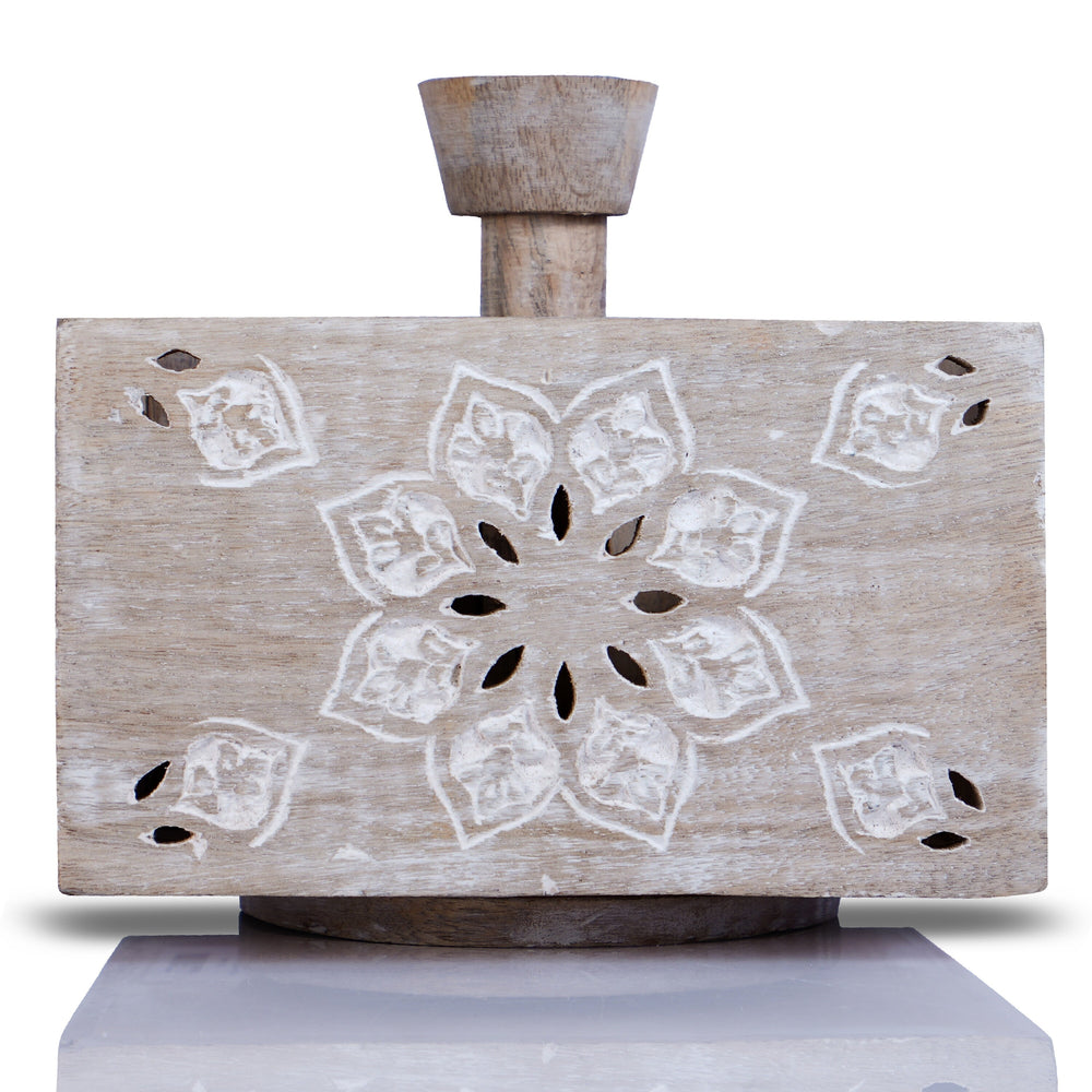 Whitewash mango wood spinning pen holder with carved detailing