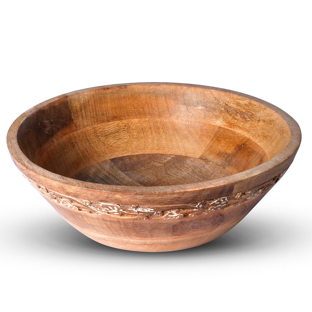 A wide-angle, high-resolution shot of the 12-inch mango wood serving bowl showing the natural wood grain interior and smooth white exterior finish against a white background.