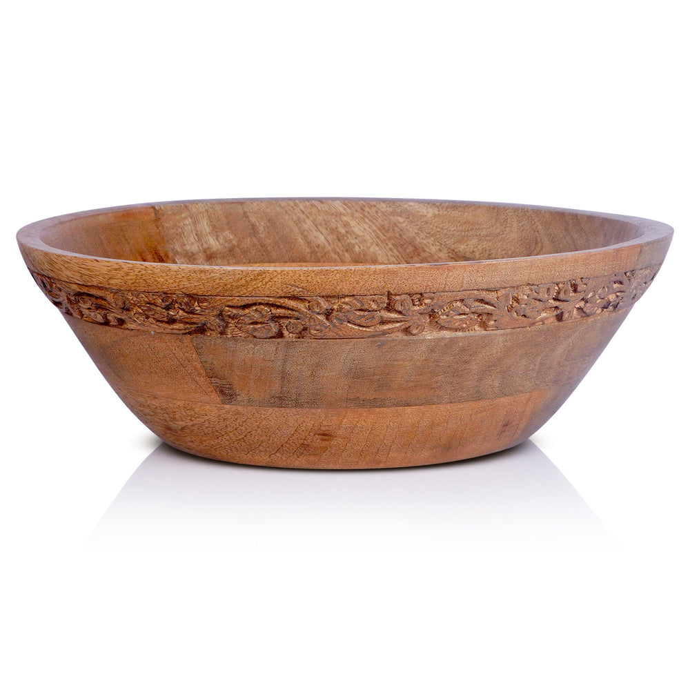 Handcrafted 9-inch mango wood serving bowl with a natural grain finish, showing a rustic and artisan texture.