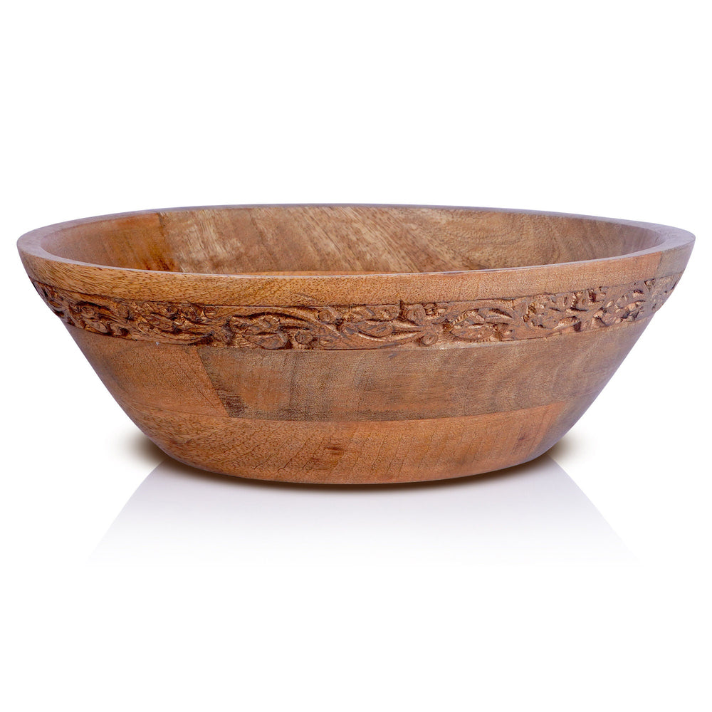 A wide, hand-carved solid mango wood serving bowl with a natural brown finish and visible wood grain, shown against a clean white background.